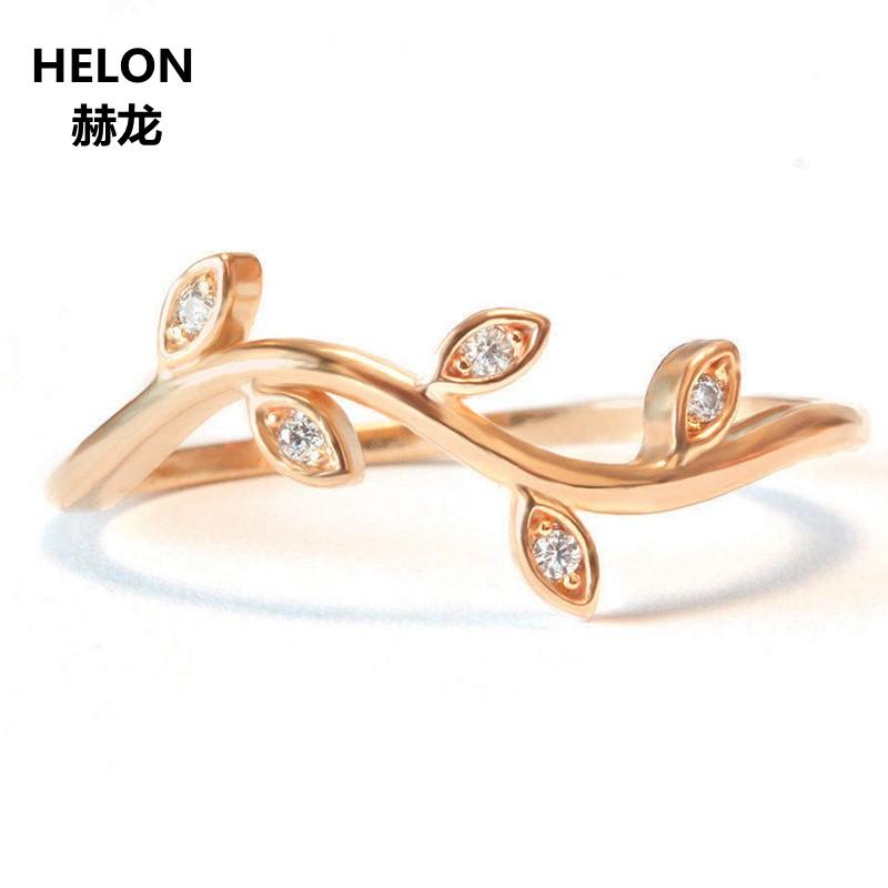 

Cluster Rings Mini Leaf Branch Wedding Band Art Nouveau Ring Solid 14K Rose Gold Pave Diamond Engagement Women Stackable, Golden;silver