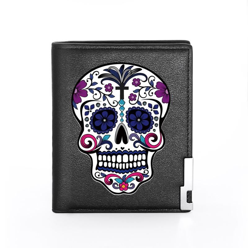 

Cool Flower Skull Punk Style Pu Leather Men Women Short Wallet ID Holder Purse Wallets, Red;black