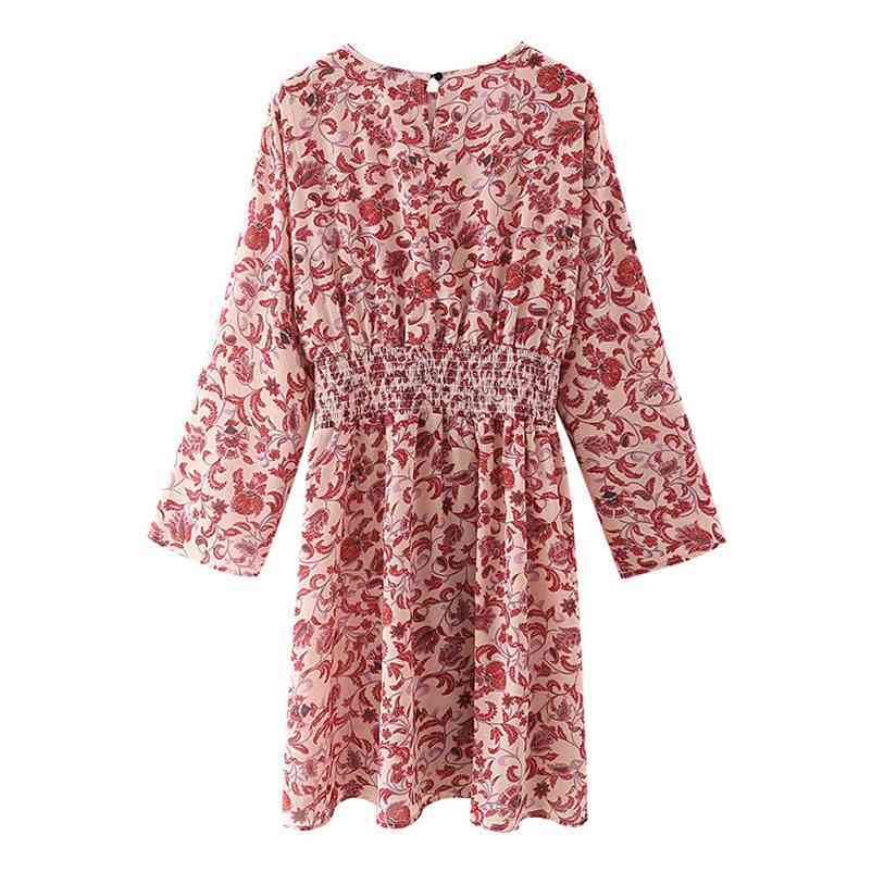 

Summer Weaving O-Neck Fit and Flare Red Printing Shirring Pullover Casual Women Knee-length Dress 210524