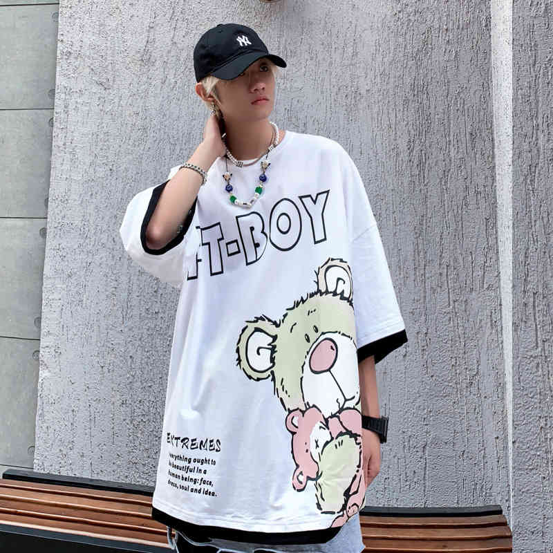 

t shirt 2021 summer men's short sleeve chaopai high street rap student cartoon bear couple casual color matching half, White;black