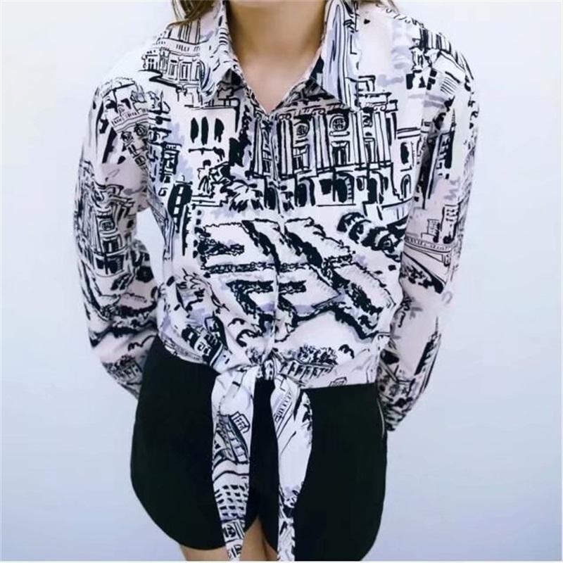 

Women's Blouses & Shirts ZXQJ Women 2021 Fashion With Bow Tie Striped Wrap City Print Blouse Vintage Long Sleeve Female Blusas Chic Tops, As picture