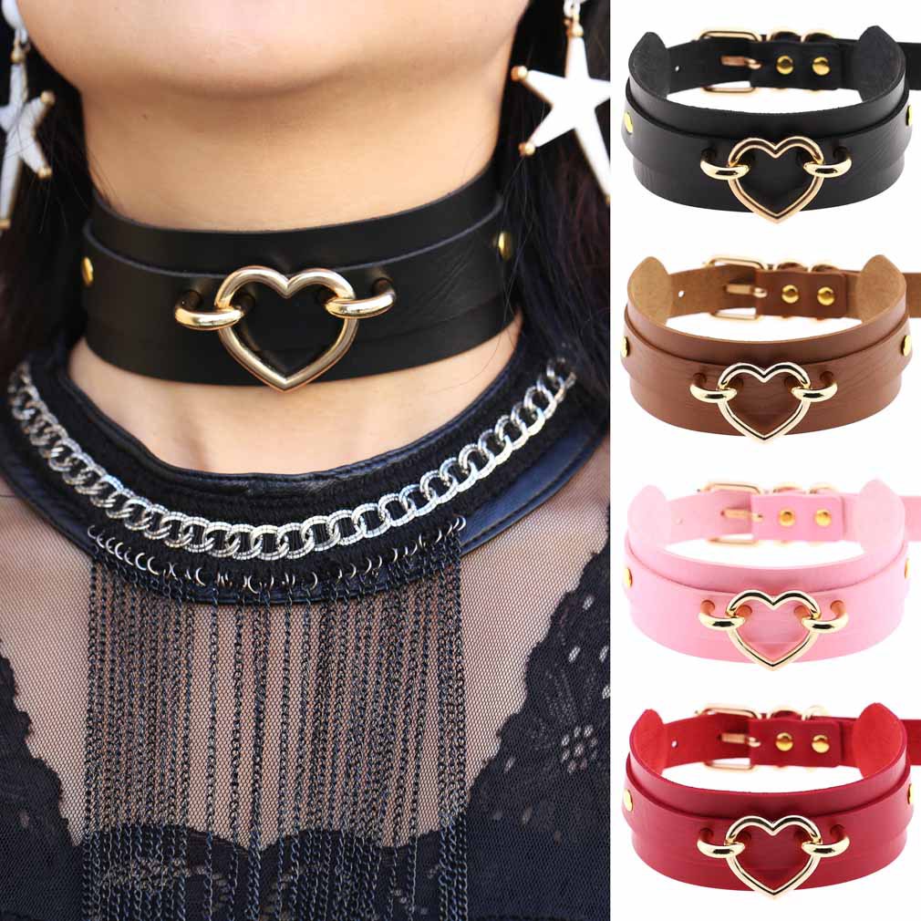 

European and American Personality Exaggerated PU Leather Bondage Collar Street Shot Nightclub Sexy Peach Heart Necklace Neck Collar, Golden;silver