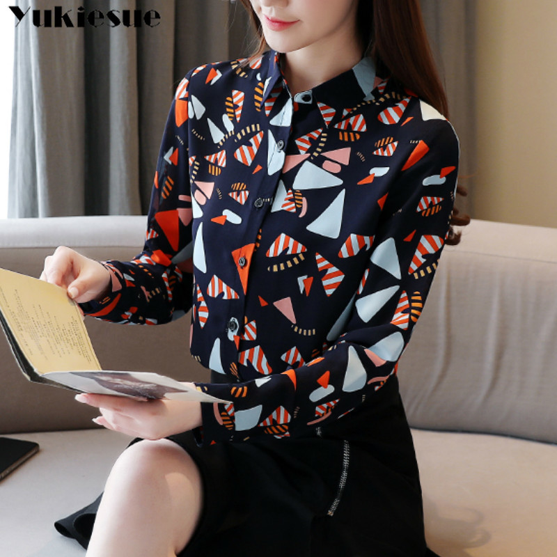 

long sleeve women shirts plus size white blouse print shirt fashion   and tops office Plus 210518, Black