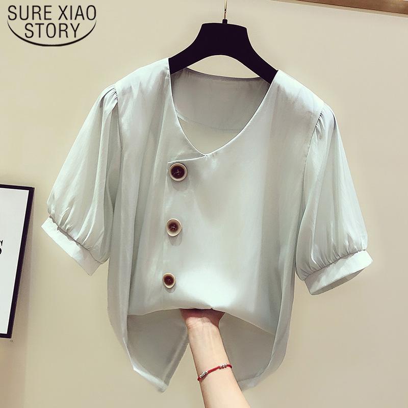 

Women's Blouses & Shirts Summer Solid Color V-neck Fashion Button Short Sleeve Shirt 2022 Regular Slim Women Tops 5162 50, White