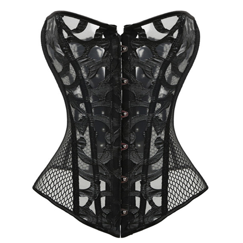 

Woman Bustiers Sexy Mesh Corsets and Bustie Elastic Net Hollow Out Flowers Design Busk Closure Bustier Corset Body Shapewear cincher corsele, Black