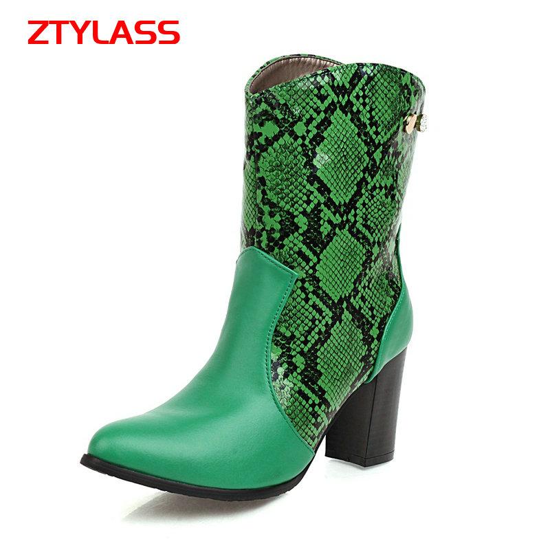 

Boots Women Sanke Print Ankle Fashion Slip On Mixed Colors Square High Heel Short Autumn Winter Pointed Toe Lady Shoes, Black