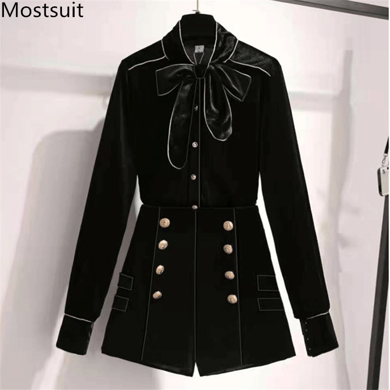 

Spring Black Velvet Fashion 2 Piece Shorts Sets Women Bow Shirt + Gold Buttons Suits Vintage Office Korean 2 Pcs Set 210518