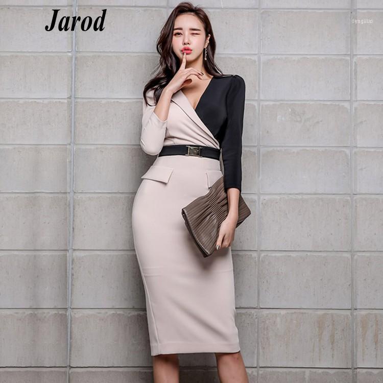

Korean Contrast Color Patchwork Pencil Dress Women 2021 Spring Business Dresses Fitted Sheath Vestidos1, Picture color
