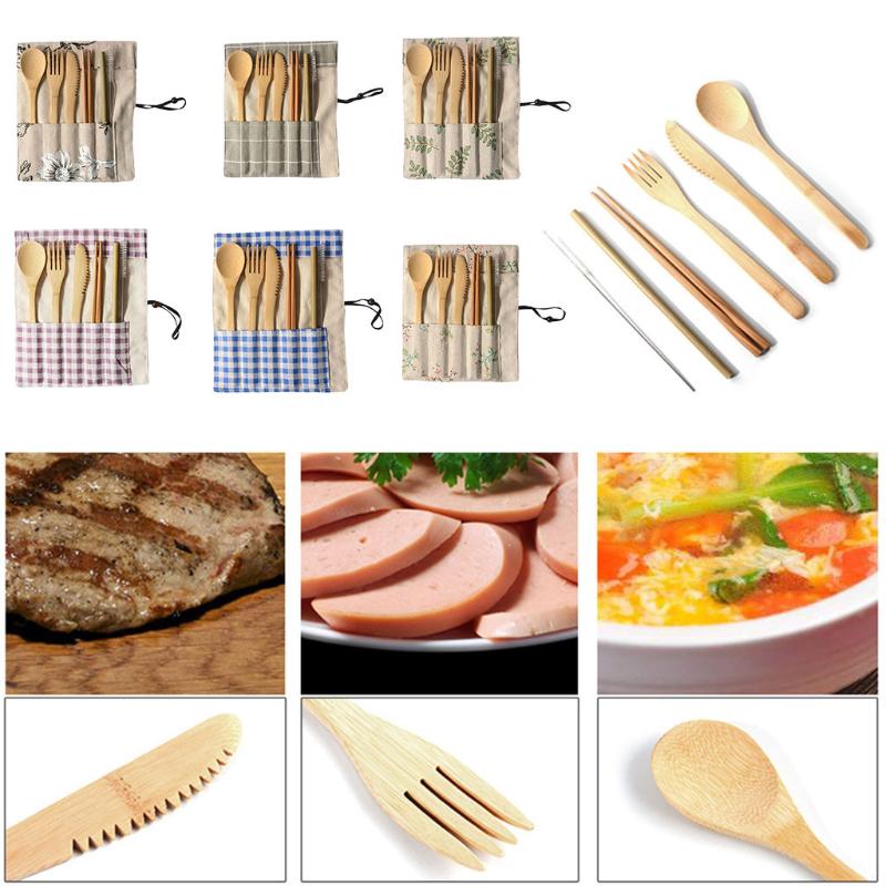 

Portable Tableware Wooden Cutlery Sets With Useful Spoon Fork Chopsticks Travel Gift Dinnerware Suit Cloth Bag Drop 118