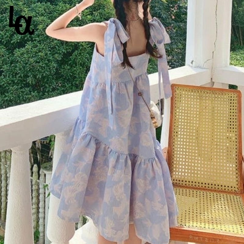 

Kawaii Elegant Strap Dress Women Sweet Backless Designer Y2k Korean Bow Print Vintage Party Cute Summer 210519, Blue dress