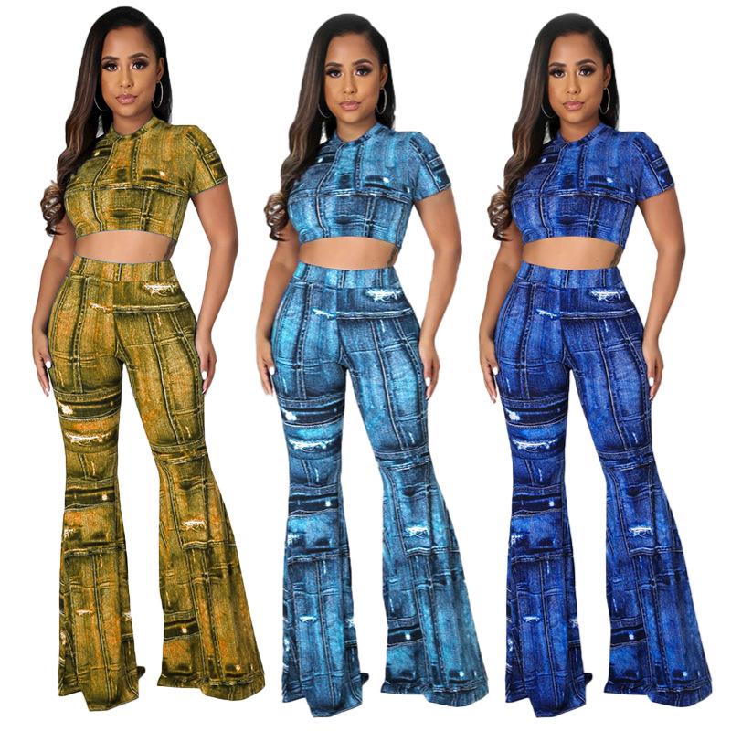 

Women's Two Piece Pants Explosive Ladies Fashion Temperament Characteristic Horn Denim Printing Casual Two-piece Suit, White
