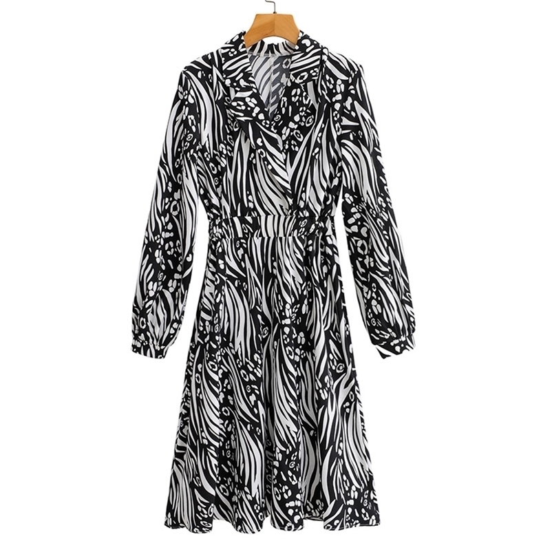 

Summer Women Sexy V-neck Zebra pattern Female Long Sleeve Casual Pleated Dresses High Quality A-Line Size  210524, Black