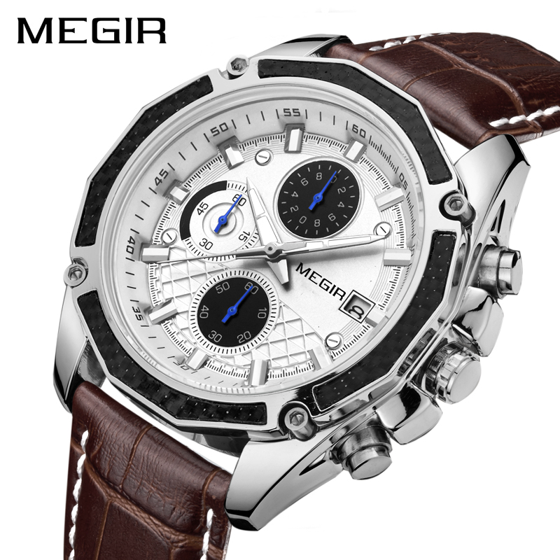 

MEGIR Official Quartz Men Watches Fashion Genuine Leather Chronograph Watch Clock for Gentle Men Male Students Reloj Hombre 2015g, White