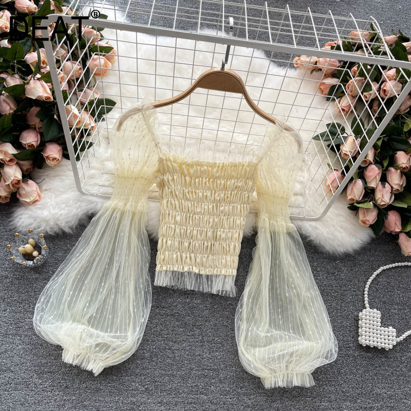 

Women Transparent Mesh Pleated T-shirt Solid Color Square Collar Long Puff Sleeve Fashion Spring Summer 11D62100 210525, Yellow