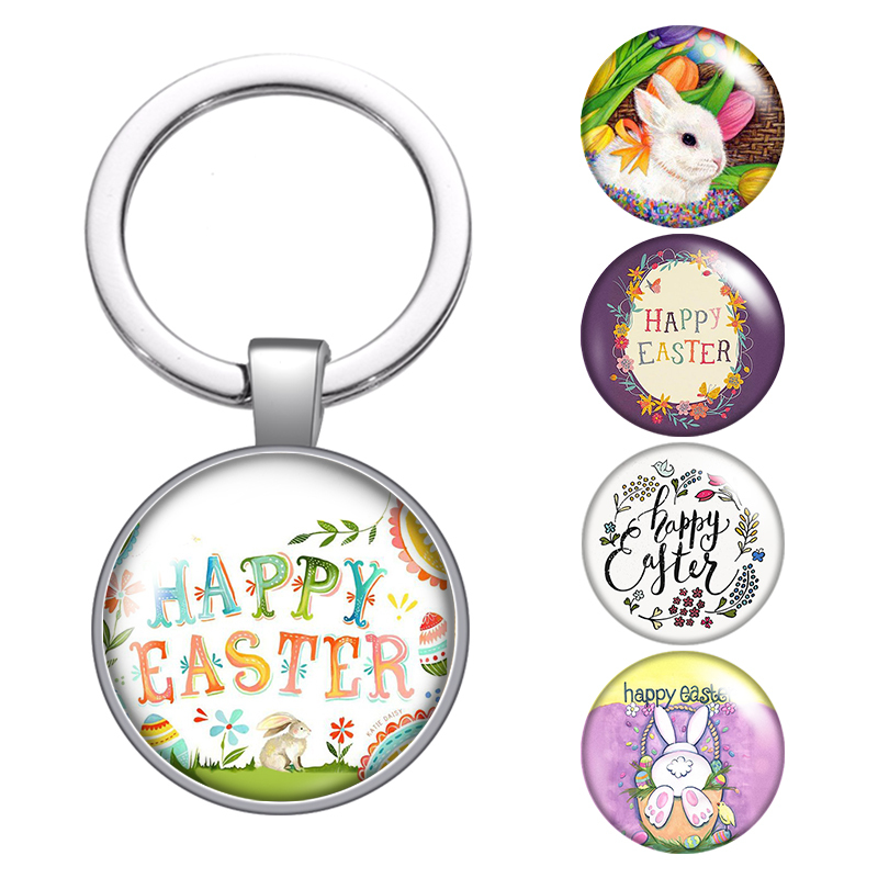 

Happy Easter Day Lovely Rabbit Eggs Glass Cabochon Keychain Bag Car Key Rings Holder Silver Plated Key Chains Men Women Gifts