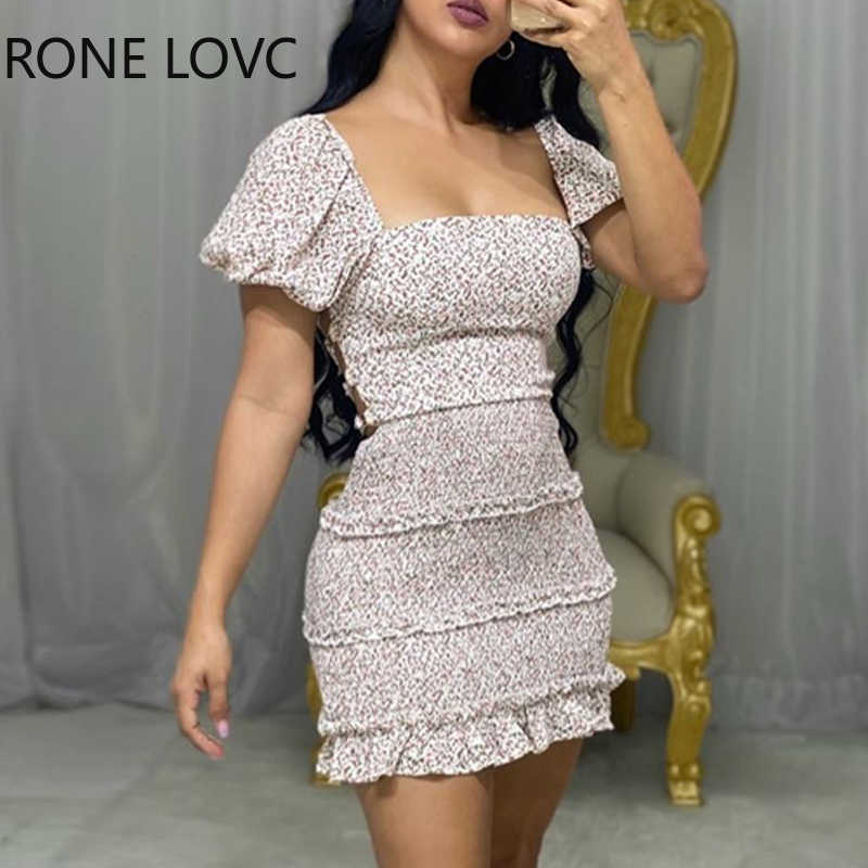 

Women Floral Bandage Backless Frill Hem Shirring Design Casual Dress Elegant Fashion Chic Dress Y0603, Pink