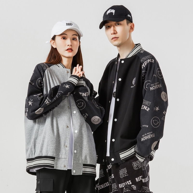 

Kxbs national couple 2021 autumn winter new fashion brand loose stitching smiling face printed Baseball Jacket men's jacket, Black