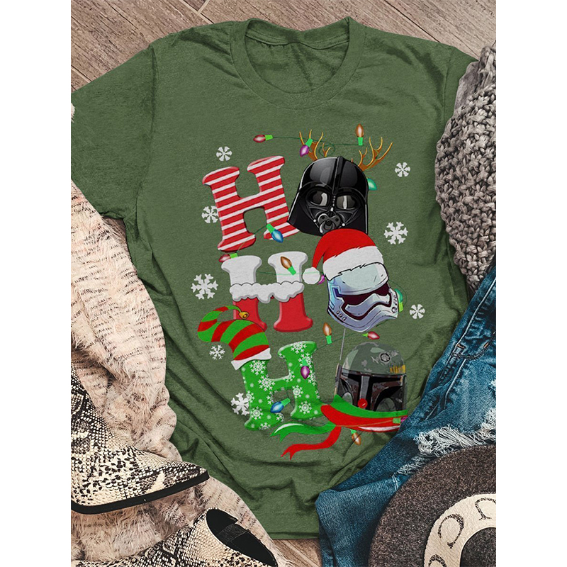 

Ladies Top T-shirt Harajuku Summer Christmas Hat Printed Pattern Street Casual Round Neck Short Sleeve Comfortable, White
