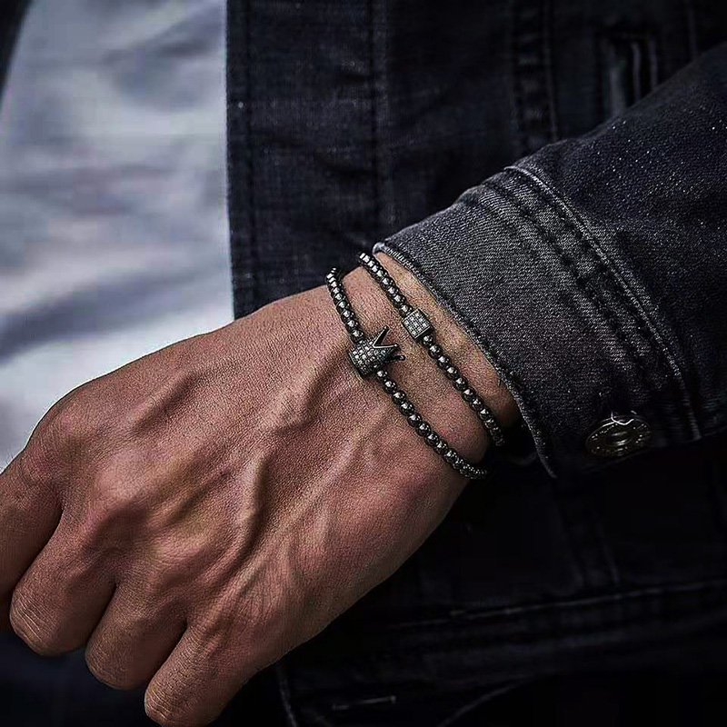 

Copper Beads Bracelet s/set Crown Men Bracelets For Women Square Pulsera Hombre Pulseiras Masculina Handmade Mens Accessories, Black