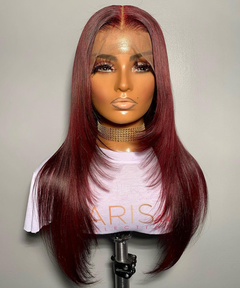 

Natural Looking 26Inch Long 180 Density Wig Burgundy Silky Straight Lace Front Wig For Women Black Color With Preplucked Glueless Daily Heat Resistant