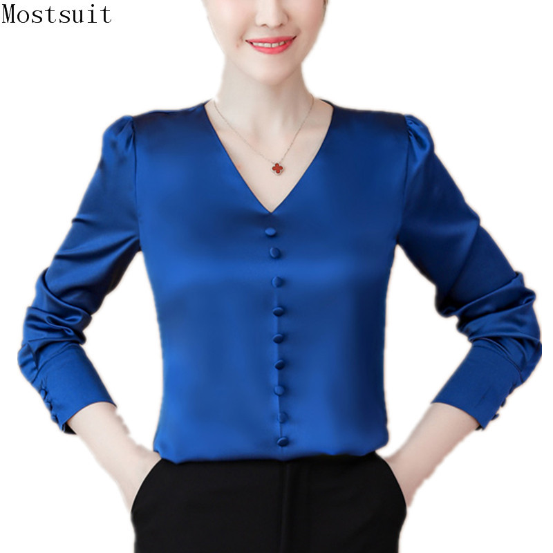 

Elegant Satin Blouse Women Long Sleeve V-neck Buttons Shirt Tops Korean Chic Autumn Basic Ladies Blusas Mujer 210518, White