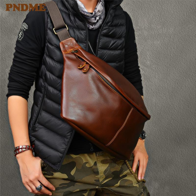 

Waist Bags PNDME Large Capacity Genuine Leather Men's Chest Bag Retro Fashion Casual Real Cowhide Daily Sports Big Shoulder Messenger