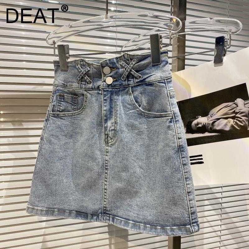 

DEAT Women Denim Bandage All Match Skirt Arrivals High Waist Temperament Fashion Spring Summer 11D1388 210709, White