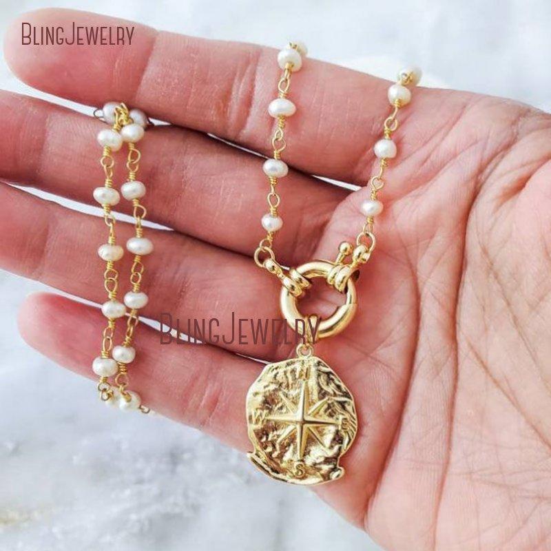 

Chains NM35120 Dainty Pearl Rosary Chain Necklace Sailor Wheel Clasp Gold Filled Compass Medallion Coin Pendant Minimalist1