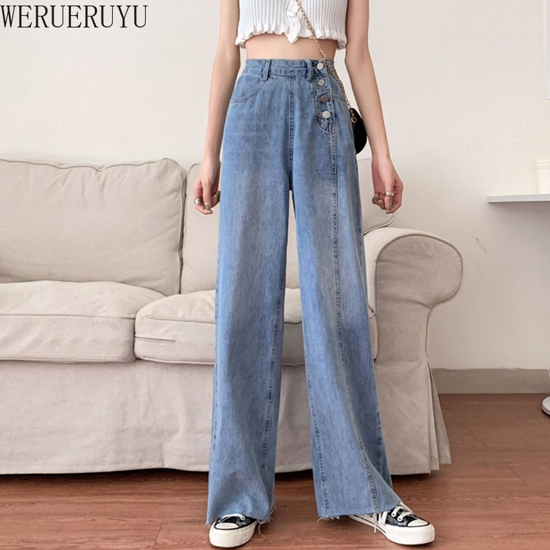 

WERUERUYU Autumn Thin Wide-leg Jeans Women' High-waisted Slimmer Drape Straight Loose Mopping Pants 210608, Photo color