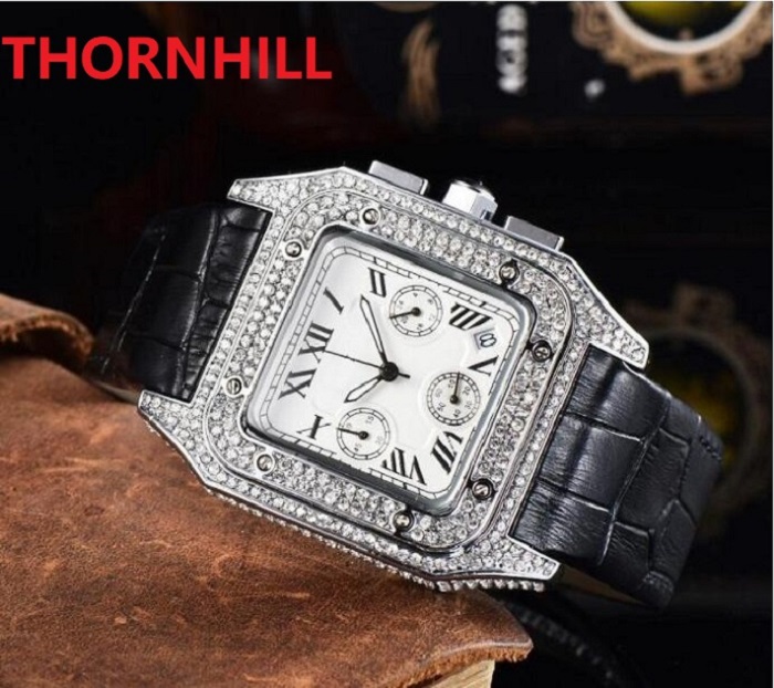

six-pin multi-function square diamonds watches Hip Hop Iced Out Men Watch Quartz Luxury Mens Roman Calendar Steel Clock Relogio Masculino, Slivery;brown