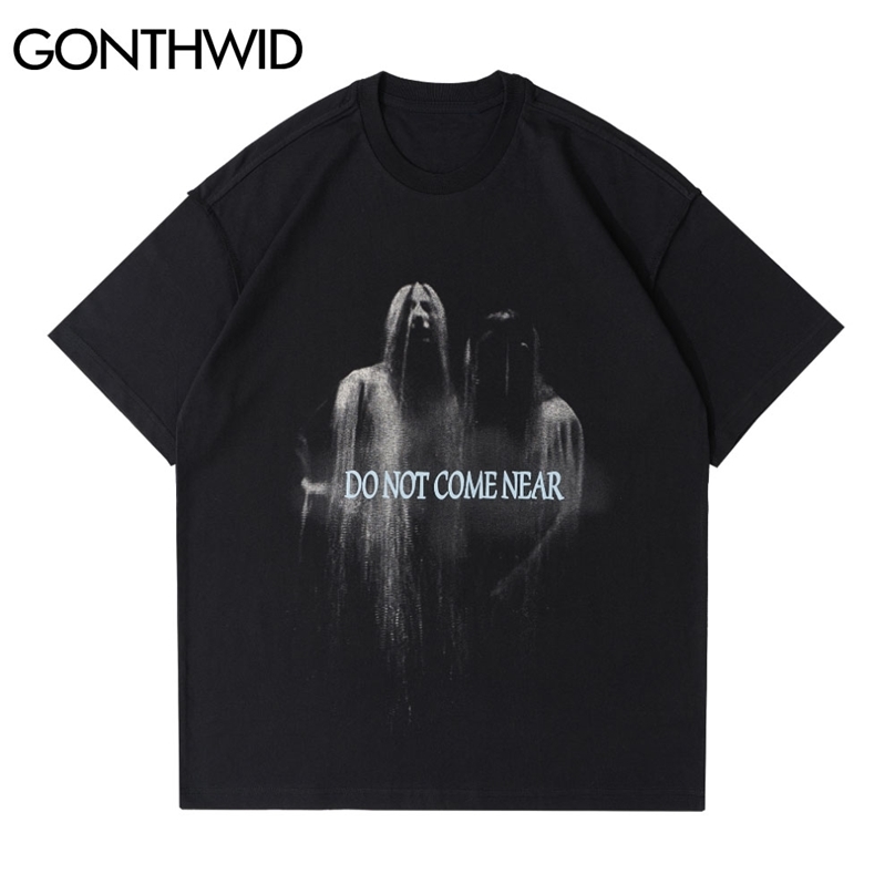 

T-Shirts Hip Hop Ghost Print Oversized Tshirts Punk Rock Gothic Short Sleeve Tees Harajuku Hipster Casual Cotton Tops 210602, Dark gray