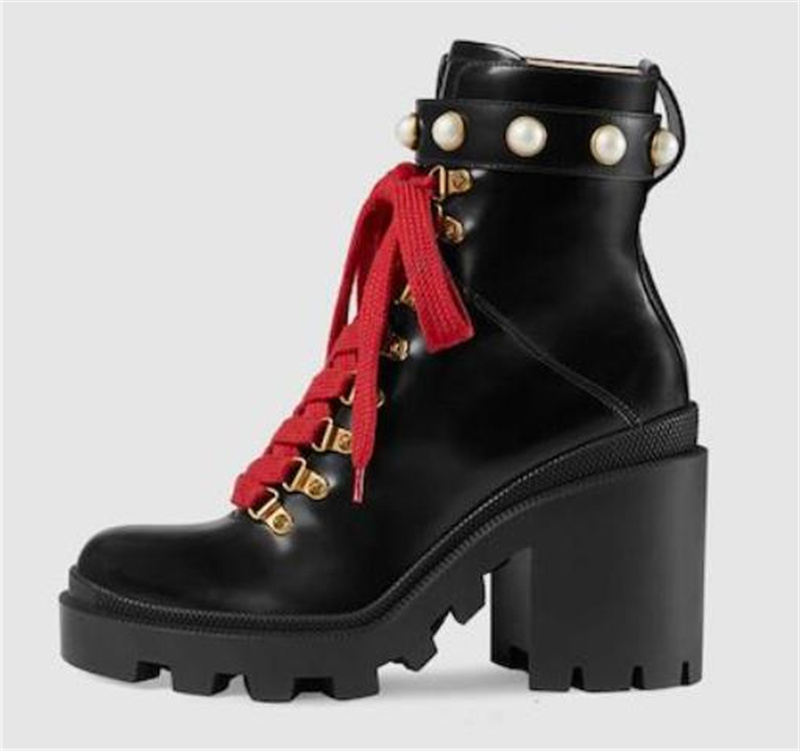 

Women Heel Snow Boots Leather ankle boot chunky heel Martin shoes Print Leather Platform Desert Lace-up Boot 5cm 10 colors with box V7l5#, Black
