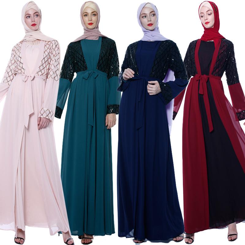 

Ethnic Clothing 2021 Muslim Robe Sequined Patchwork Skirt With Middle East Dubai Women's Dress Chiffon Cardigan9707