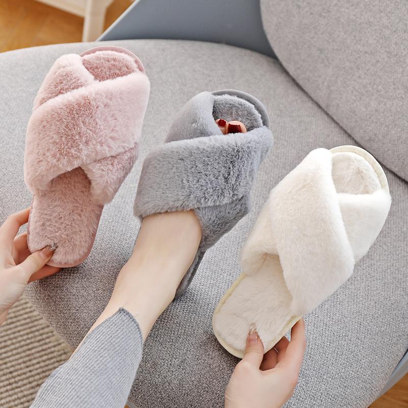 

Leisure House Women Fur Slippers Solid Warm Faux Plush Girls Flat Cotton Shoes Home Open-toe Ladies Fluffy, Red