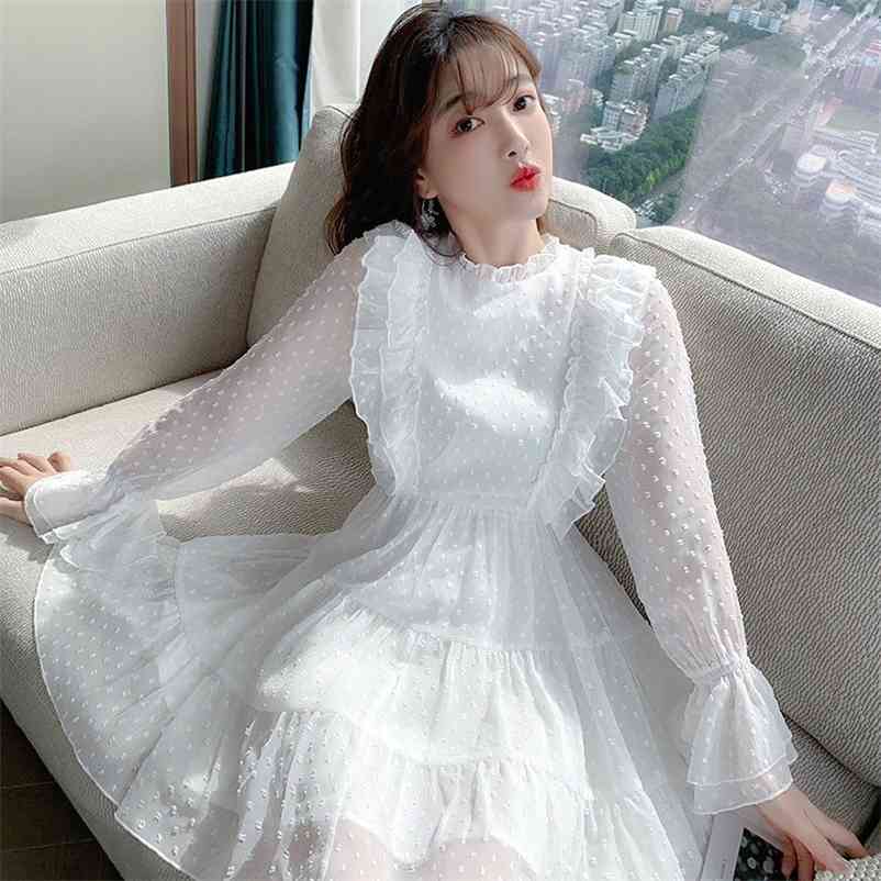 

Elegant Fairy Dress Women Long Sleeve Lace Chiffon Designer Casual French Korean Mini Women's Clothing Autumn 210519, White