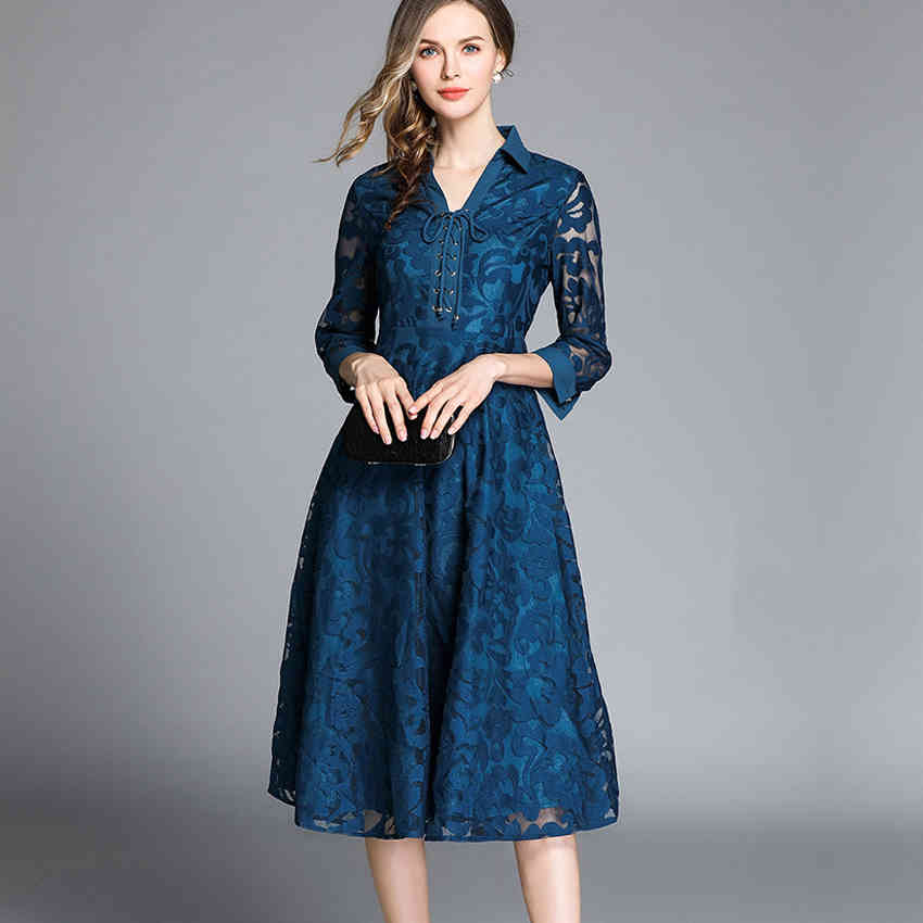 

Summer Fashion A-Line dress Turn-Down Collar Lace-Up Knee-Length Elegant Ladies Party Dress Women Casual Lace Dresses 210520, Burgundy