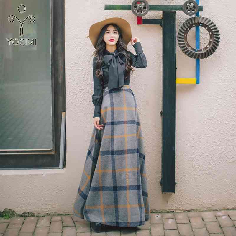 

YOSIMI Autumn Winter Bow Neck Full Sleeve Blouse Shirt Top and Woolen Plaid Skirt Two-piece Outfits Set Suit Women Dresses 210604, Gray