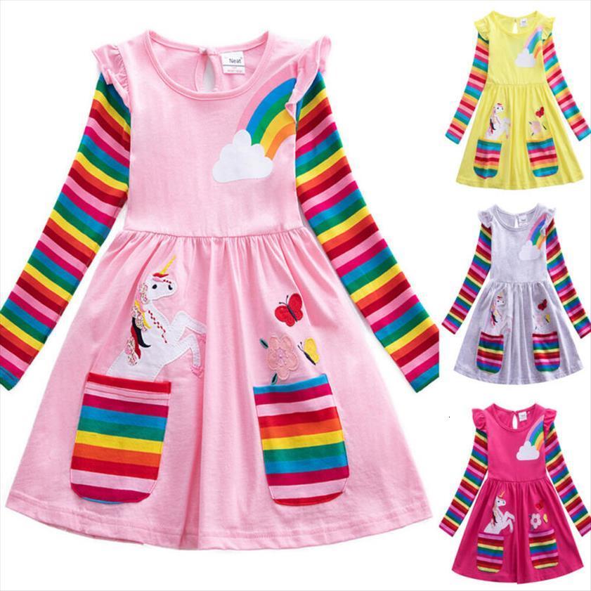 

for girls kids unicorn girl dresses children rainbow long sleeve princess clothes cute, Red;yellow