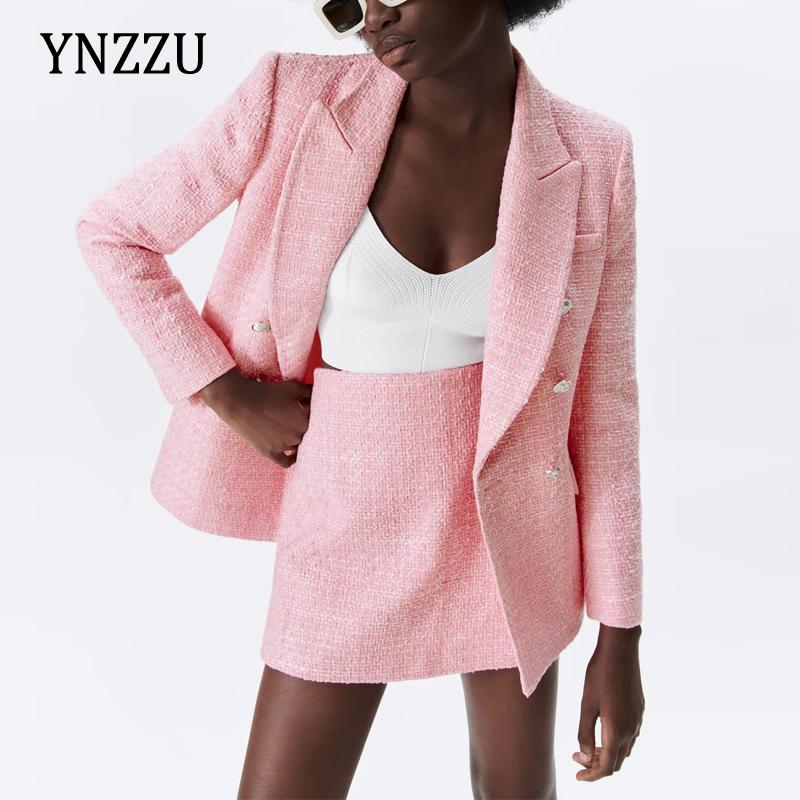 

Two Piece Dress Tweed Suit Blazer 2021 Autumn Winter Double Breasted Ladies Jacket Office Style Female Short Mini Skirt YNZZU 1O0, White