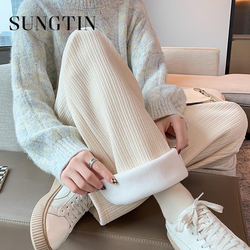 

Women's Pants & Capris Sungtin Winter Thicken Warm Loose Women Fashion Solid Casual Wide Leg Female Office Lady High Waist Fleece Trousers, Black;white