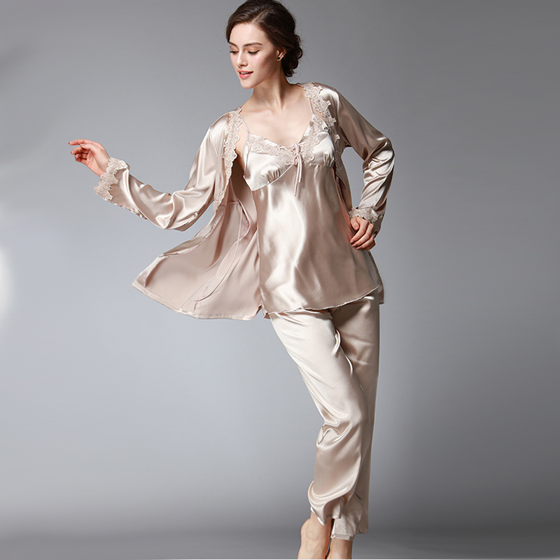 

Summer Women Silk Satin Sleepwear Large Size Textile Homewear Solid Color Sling Sexy Pajamas Three Piece Pyjamas Set, As pic