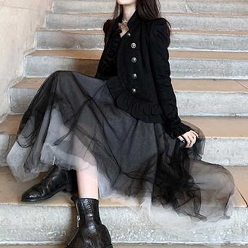 

2 Piece Set Women Spring Gothic Black Court Vintage Designer Coat+Irregular Mesh Y2k Skirts Setup Ladies Fashion Korean 210604, Mesh skirt