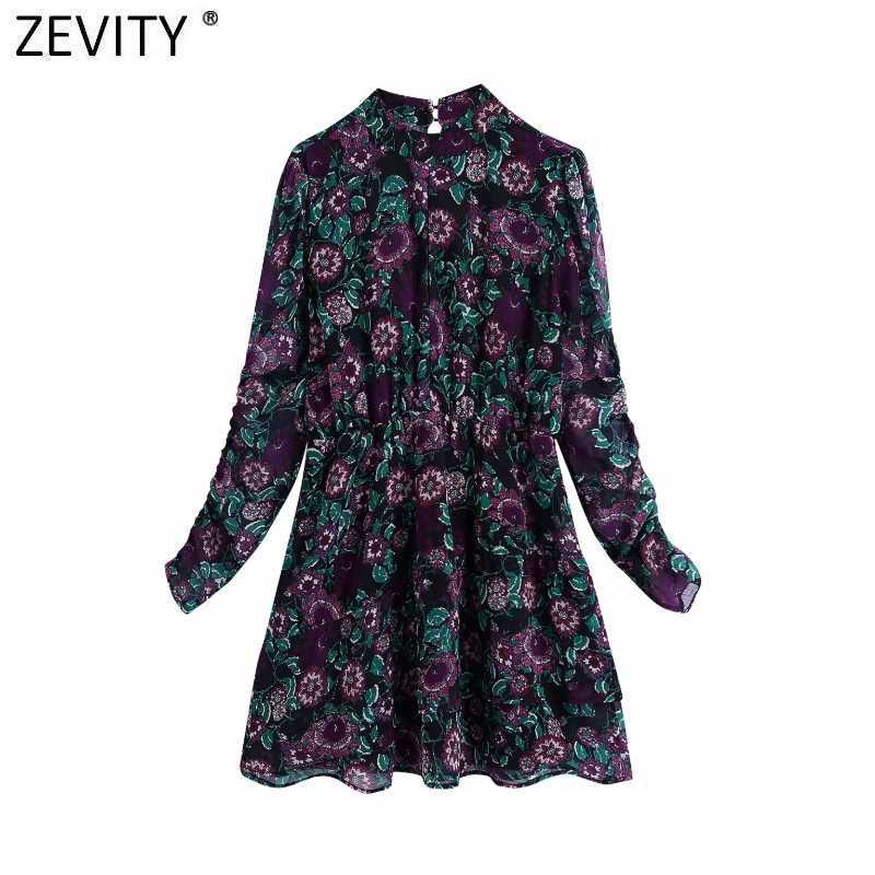 

Zevity Women Vintage Stand Collar Flower Print Chiffon Mini Dress Lady Chic Pleats Puff Sleeve Casual Ruffles Vestido DS4745 210603, As pic ds4745bb