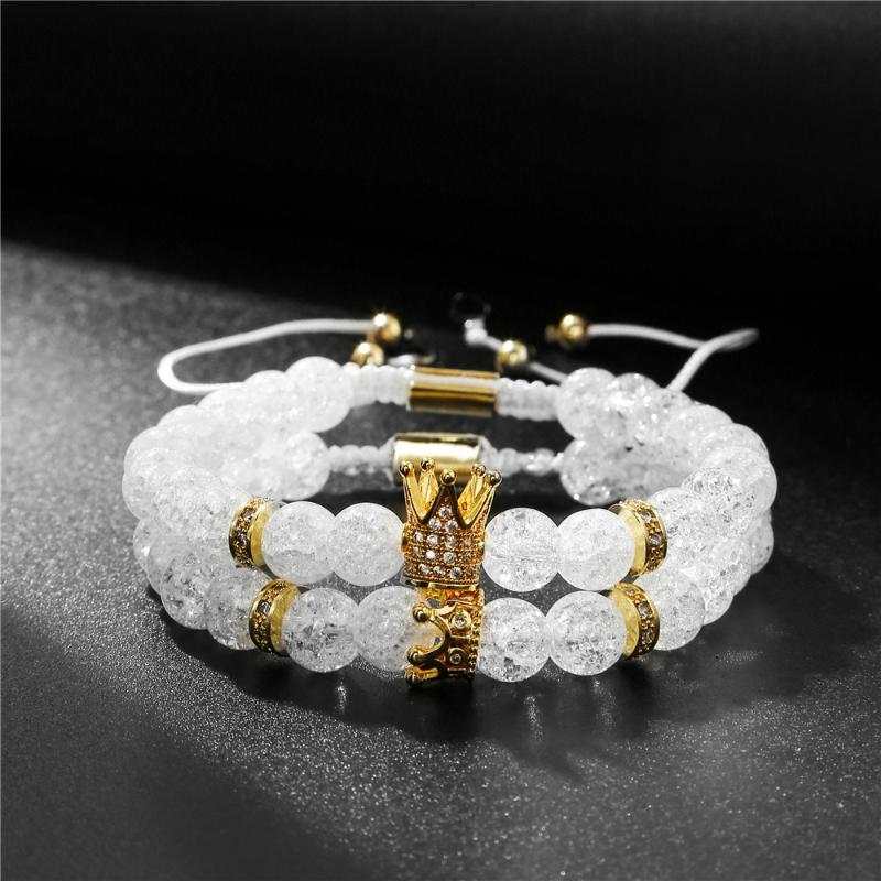 

Charm Bracelets 8mm White Stone Beads Bracelet 2pcs/Set Mens Jewellery CZ Crown For Women Fashion Armband Cuff Aarrival