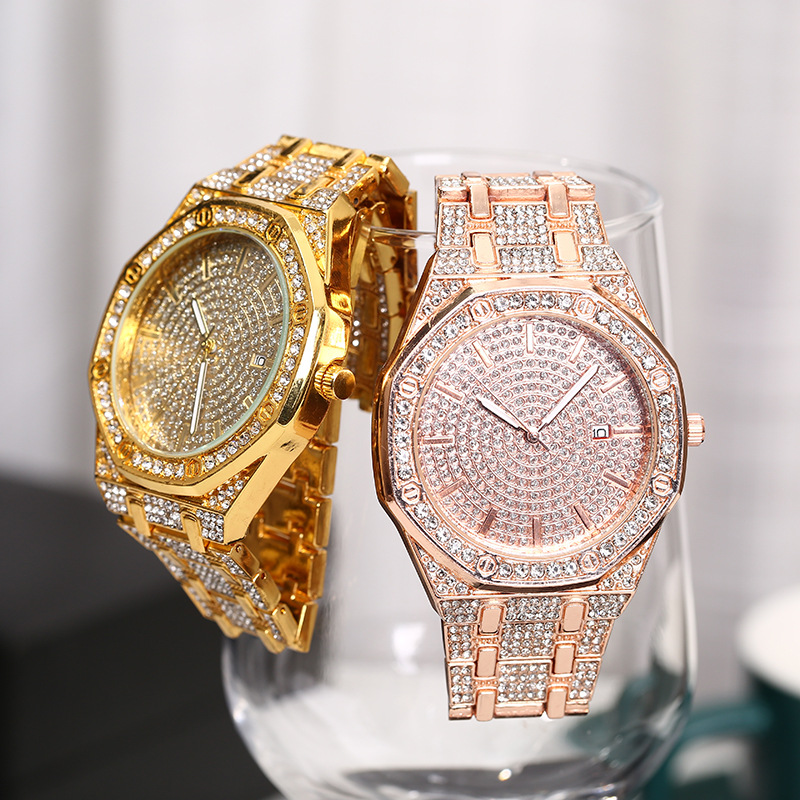 

Men Watch Sliver Gold Mens Watches Top Luxury Full Diamond Bracelet Stainless Steel Quartz Wristwatch Calendar Date Business Clock, Leave a message about color