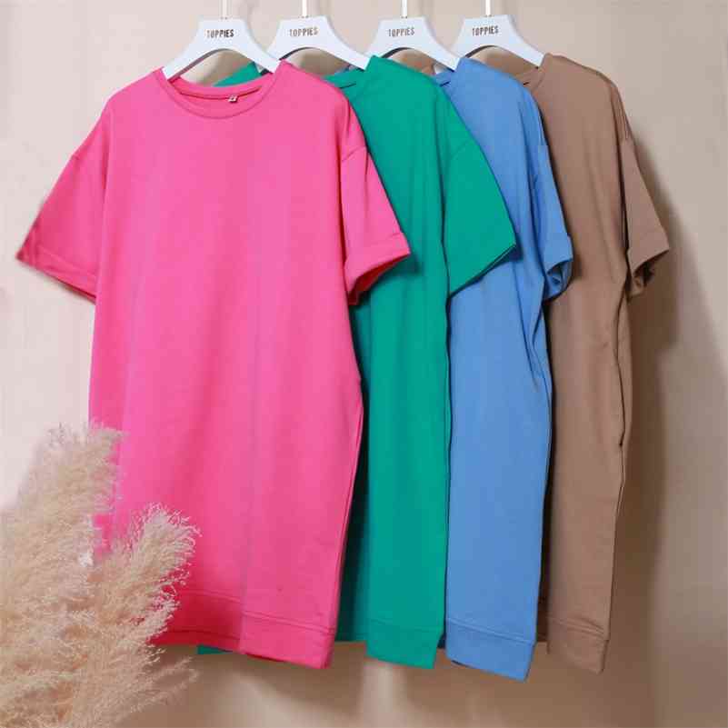 

Toppies Fashion Sweatshirt Dress robe femme Woman Short Sleeve Straight Mini Dress Loose Blouses Solid Color 210630, Green
