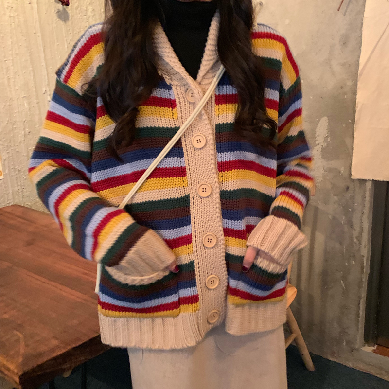 

2021 autumn and winter korean turn down collar Rainbow stripe thick knittd cardigans womens sweaters Cardigan womens(C9263), White;black