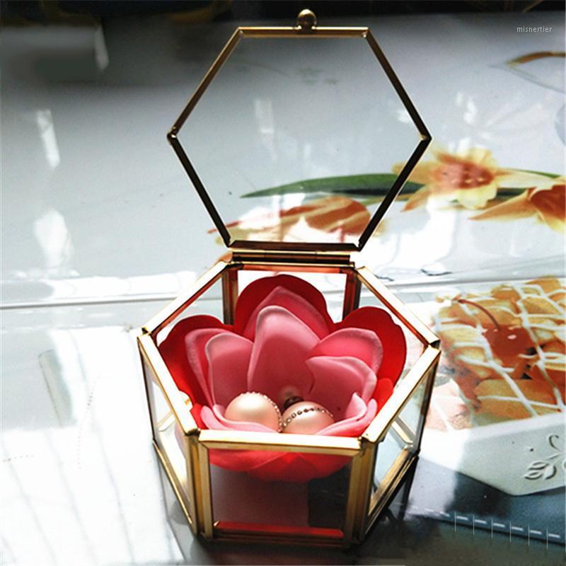 

Gift Wrap Desktop Jewelry Storage Gifts Box Vintage Geometrical Glass Comstics Makeup Organizer DIY Rose Flower Wedding Ring Display Case