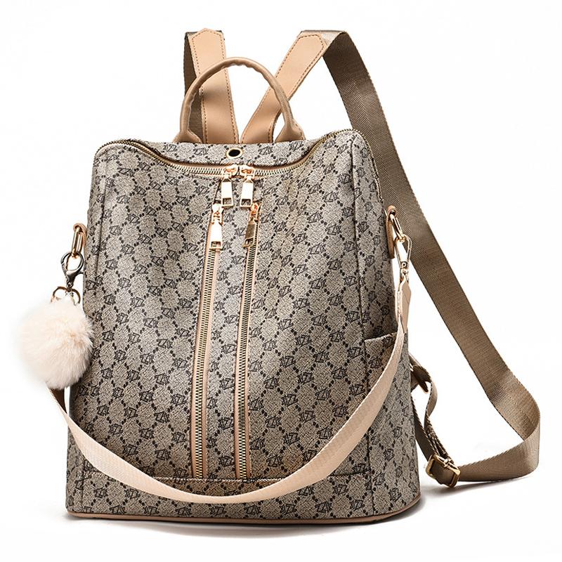 

Backpack Style Vintage Women Luxury Brand Design Tourist Anti-theft Pack Bag Big Capacity Bags For Girl Geometric Printing, Khaki