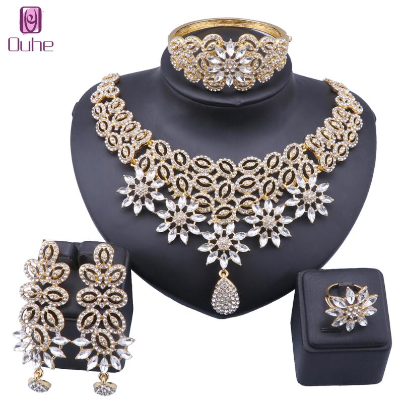 

Earrings & Necklace Dubai Fashion Rhinestone Jewelry Sets Charm Women Gold Color Bangle Ring Crystal Wedding Bridal Set, Silver